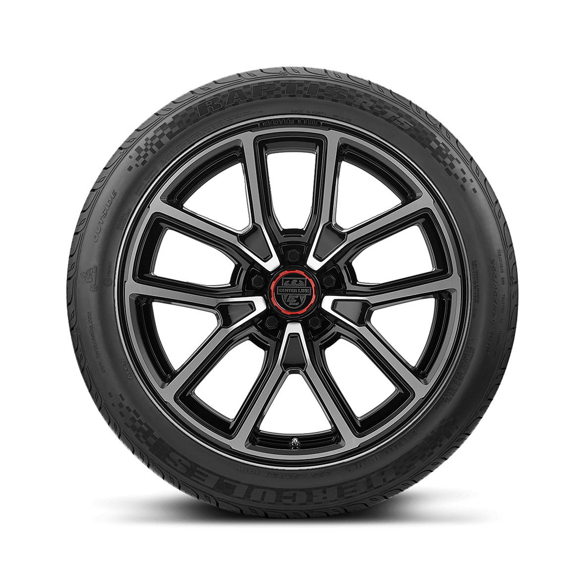 Straight on view of the Raptis R-T5 sidewall design and rim on a white background. 