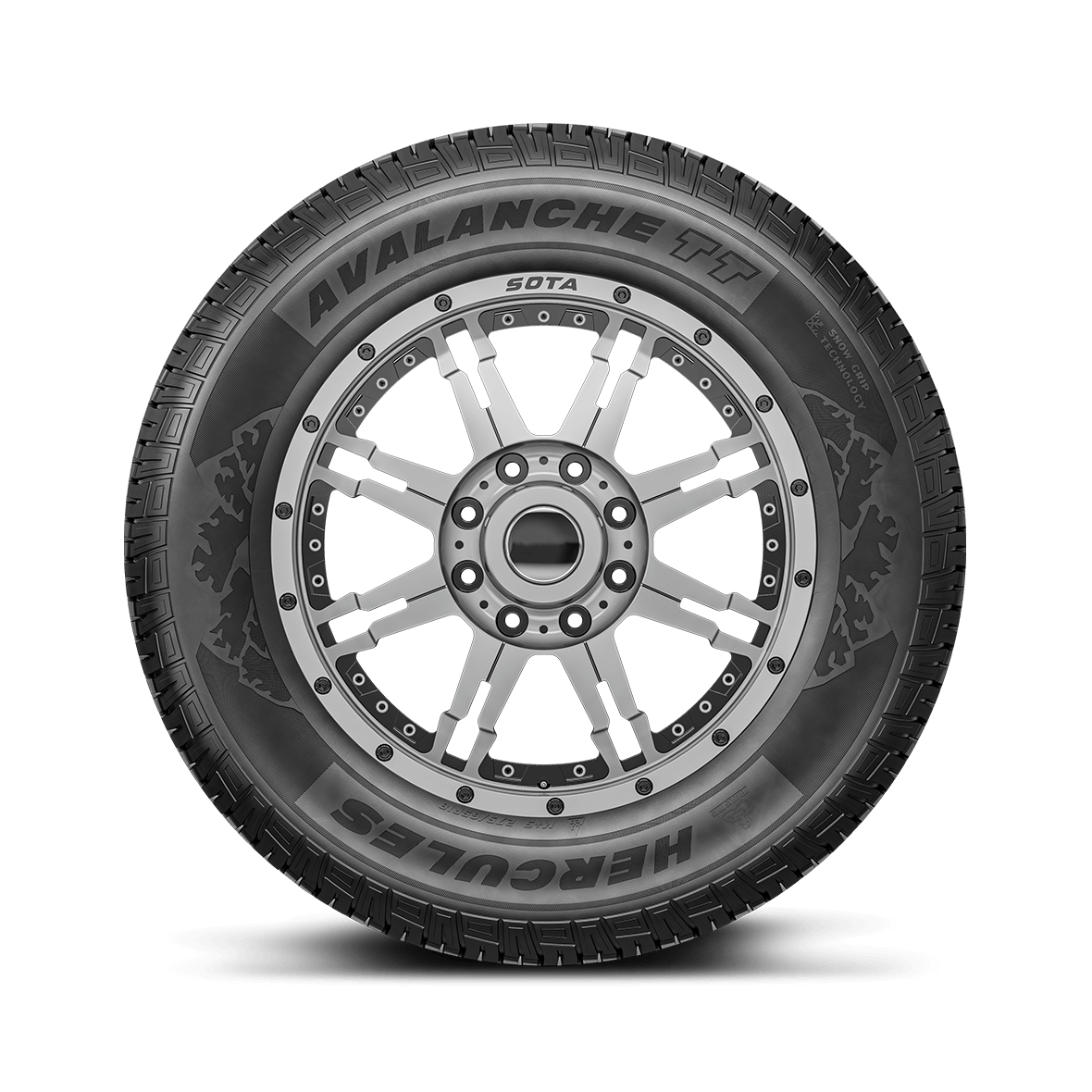Straight on view of the Avalanche TT sidewall design and rim on a white background. 